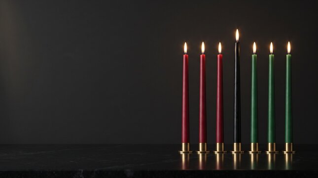 
Kwanzaa holiday celebration banner, seven mishumaa saba taper candles in brass sockets on black marble console against dark matte volcanic stone wall background with vast empty negative copy space  