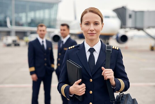 Femme pilote de ligne fran&ccedil;aise en uniforme de commandant devant un avion &agrave; l&rsquo;a&eacute;roport, femme dans un m&eacute;tier masculin et leadership f&eacute;minin