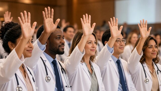 Multiethnic diverse group of doctors in white coats raising hands to vote and ask questions during medical conference