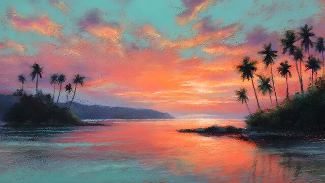 Vibrant sunset over tropical island landscape featuring soft pastel clouds reflecting upon calm ocean water surface during golden hour serenity in digital artistic painting style of island paradise.