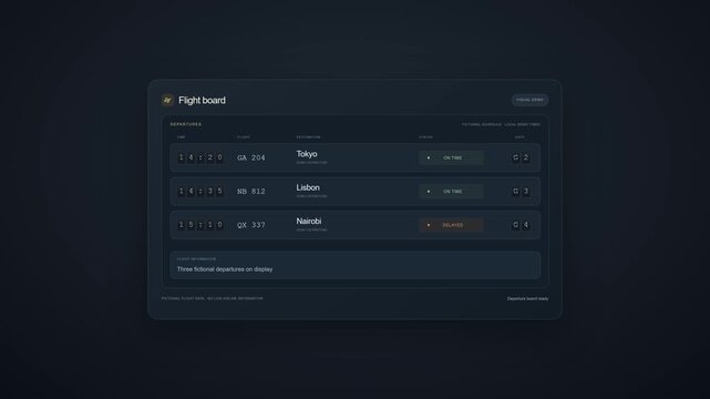 Flight, dashboard and schedule on digital screen for travel, airport management and tourism info. Interface, software and data with airline status, departure times and arrival monitoring system