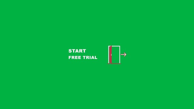 Start free trial, button and red door on green background for marketing, advertising and business subscription. Online signup, website banner and creative entrance for growth, sales and ecommerce set