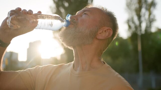 Close up Caucasian elderly man male drinking water outdoors in park from clear bottle under morning sunlight retired aged sportsman athlete refreshing after exercise thirst hydration wellness vitality