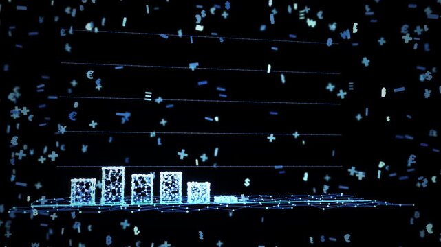 Financial Growth Chart Bar Graph Currency Symbols Network. Digital isometric 3D render illustration featuring glowing white bar chart pointing up against dark background