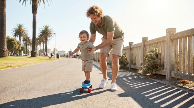 Adult balancing child on skateboard at sunny seaside promenade, joyful father guiding young son during outdoor play, palm tree and coastal railing creating active family scene