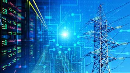 Fototapeta na wymiar Data center power management. Digital servers monitor electricity transmission, grid infrastructure and automated power distribution to industrial facilities and cities.