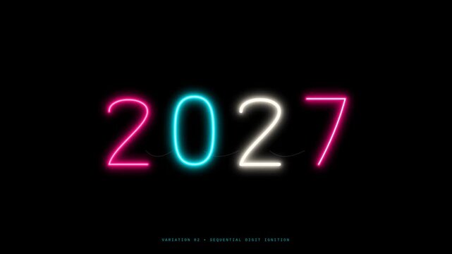 A video showing the year 2027 in vibrant neon lights. Each digit ignites sequentially against a black background, starting from '202' and finally completing the '7' in a glowing pink hue.