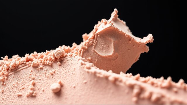 Closeup view shows textured pink substance. Rough surface, granular details, dark background creates contrast. Minimalist aesthetic.