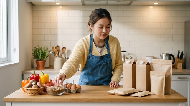 Teen sorts whole ingredients and pantry staples at home