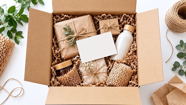Unboxing experience showing an open cardboard parcel filled with eco-friendly gifts wrapped in brown paper, string, and shredded filler