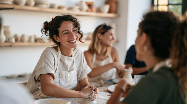 A woman building a social circle after emigrating by attending a local pottery workshop, seated at a shared table with new acquaintances shaping clay, shelves of handmade ceramics