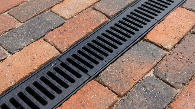 Modern black linear drainage channel system embedded in rustic clay brick pavers on an outdoor patio for professional urban planning and drainage concept.