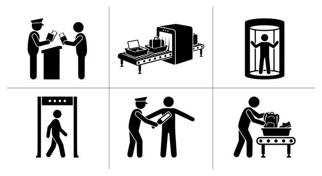 Airport security screening silhouettes set with passenger check, baggage scanner and metal detector for travel safety