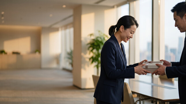 Corporate lunar new year greeting between coworkers during thoughtful office gift exchange, with warm smile, calm atmosphere and modern workplace.