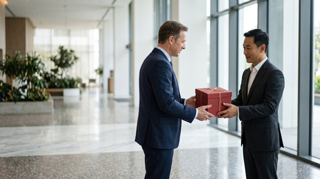 Corporate lunar new year greeting between two businessmen exchanging red gift box in modern office, expressing respect and goodwill.