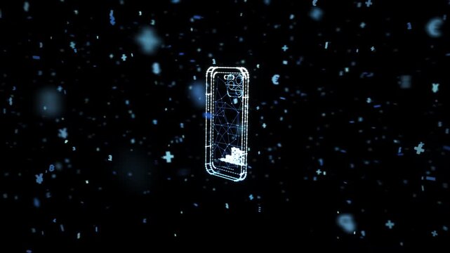 Mobile Phone Financial Growth Chart Currency Symbols Network. Digital isometric 3D render illustration featuring glowing white smartphone screen displaying bar graph pointing up dark background