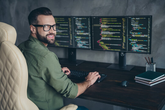 Photo of skilled expert joy guy sit desk write code device web content platform outsource in modern workspace