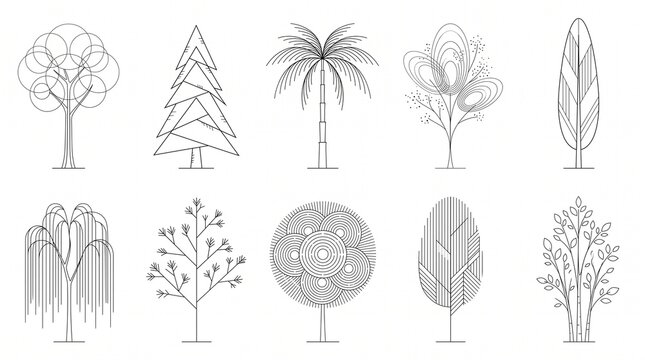 Set of 10 minimalist line art architectural trees in elevation view, fine black ink tree outline symbols isolated on white background   