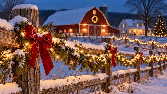 Red barn and farmhouse on American farm decorated for Christmas with festive wreaths and glowing lights during a winter sunset, covered in snow, rustic countryside landscape