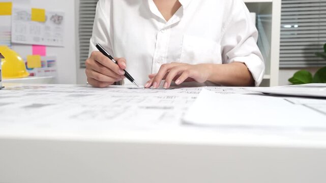 Architect reviewing residential blueprints with a pen and measuring tape, planning house design and construction in a professional workspace with warm natural light.