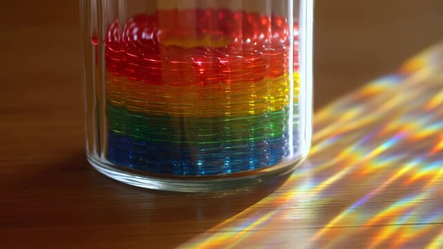 Translucent rainbow rings remain stacked inside clear cylindrical container as colorful light patterns shift across warm wooden tabletop beside glossy red, yellow, green and blue layers
