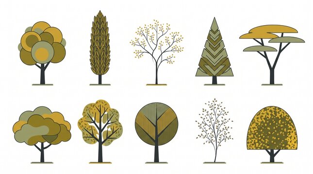 Illustrated diverse tree silhouettes in earthy tones on white background