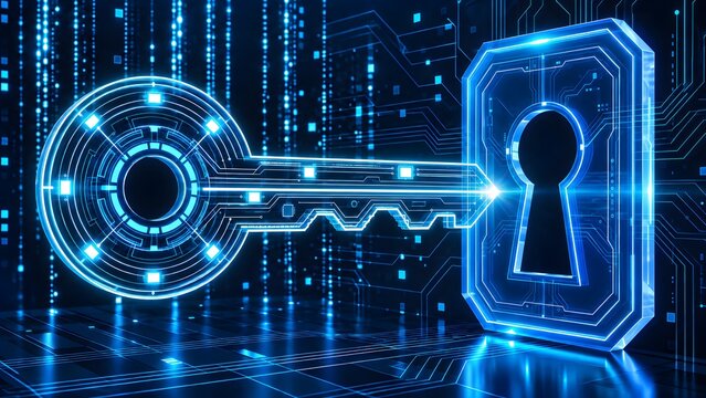 Digital security key entering electronic lock representing encrypted access authentication and cybersecurity protection
