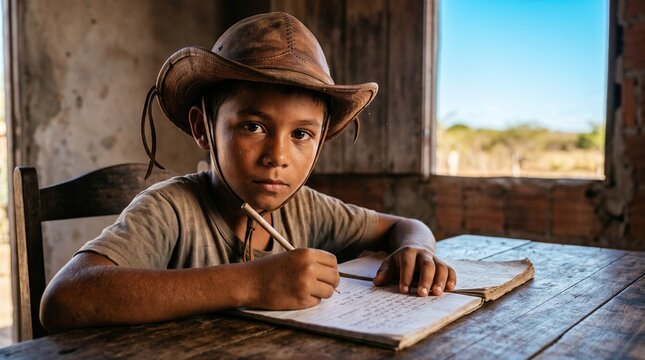 Menino nordestino com chap&eacute;u de vaqueiro escrevendo no caderno em mesa de madeira