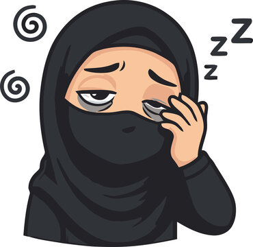A cartoon illustration of a woman wearing a black hijab looking extremely tired and sleepy with dark circles