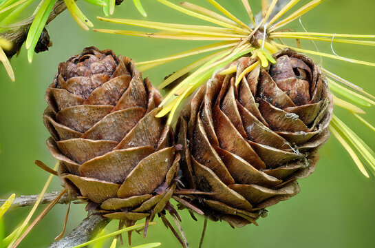 Larch strobilus: ovulate cones on a larch branch.
