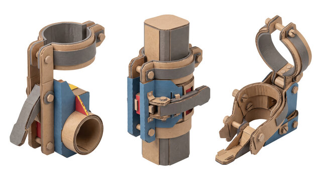 Three mechanical pipe clamp assemblies made of layered cardboard, featuring blue, brown, and red structural components on white background