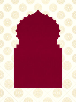 Maroon Mughal arch frame on cream background with golden mandala