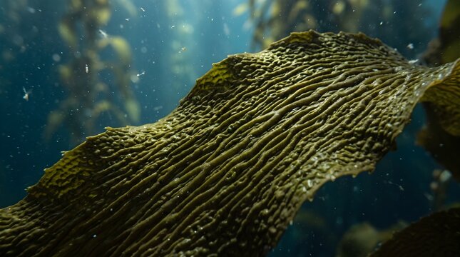 Underwater giant kelp leaf close up, golden brown algae blade in blue ocean water, marine kelp forest ecosystem biology stock photo