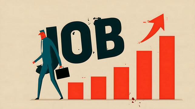 Conceptual business illustration of a businessman walking past rising bar charts and upward arrow with JOB typography, symbolizing employment growth, career opportunities and job market trends.