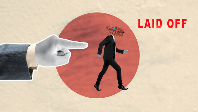 Conceptual illustration of a businessman being laid off, with a large pointing hand and scribbled head symbolizing job loss, dismissal, unemployment, workplace stress and corporate downsizing.