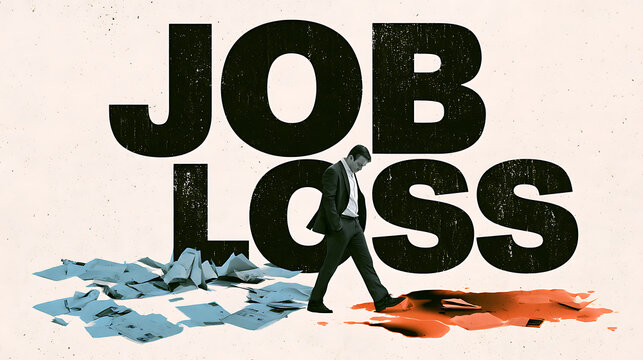 Conceptual editorial illustration of a businessman walking away beneath large Job Loss typography, representing unemployment, layoffs, economic uncertainty and career setbacks.