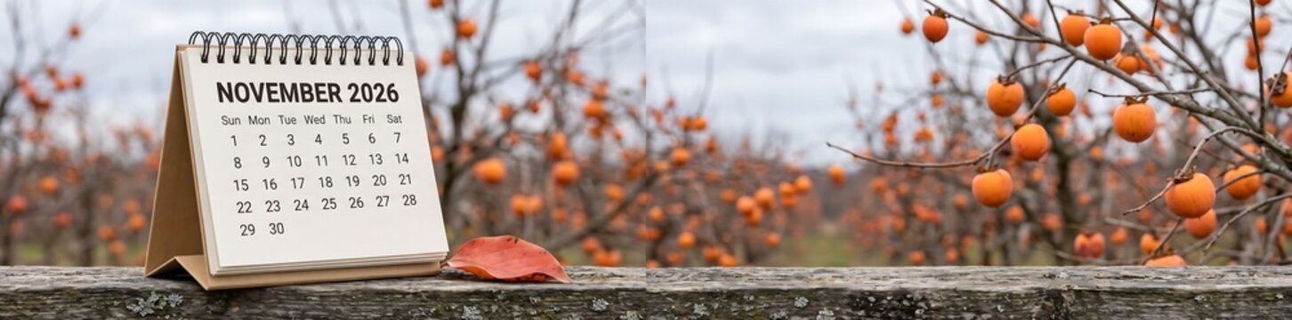 November 2026 spiral desk calendar in autumn persimmon orchard, seasonal planning calendar for fall harvest month, orange persimmon fruit trees and dry leaf on concrete ledge