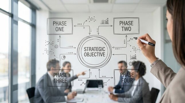 Businesswoman Drawing Strategic Objective Roadmap On Glass Board During Corporate Team Meeting In Modern Office