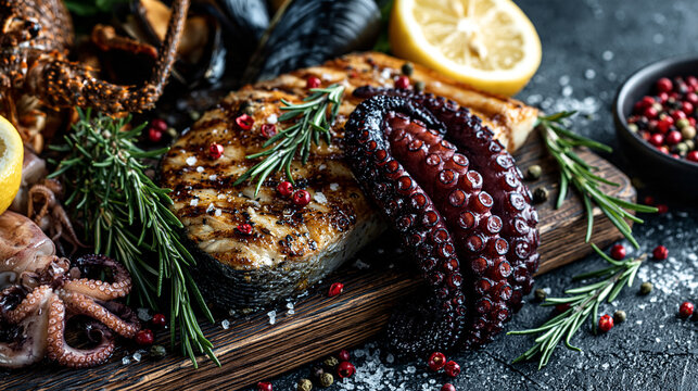 Grilled octopus served on wooden board with herbs and spices seafood dish tasty food
