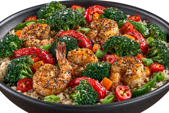 Fresh stir fry with shrimp and broccoli in a black bowl cooked meal hot