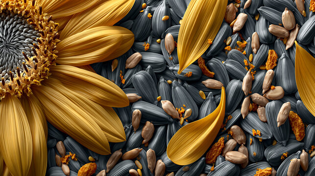 Yellow sunflower petals resting on a bed of black seeds with color contrast