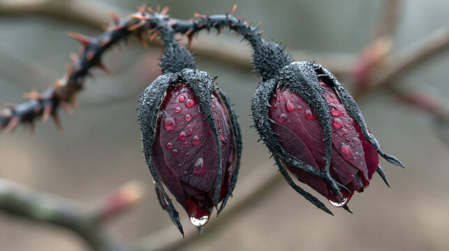 Close-up of two dark purple flower buds covered in morning dew drops with botanical