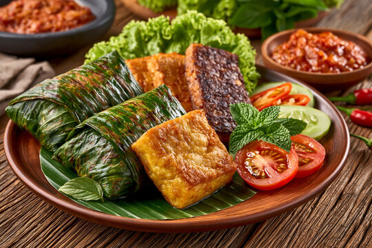 Traditional indonesian grilled tofu and tempeh served with fresh vegetables and sambal chili