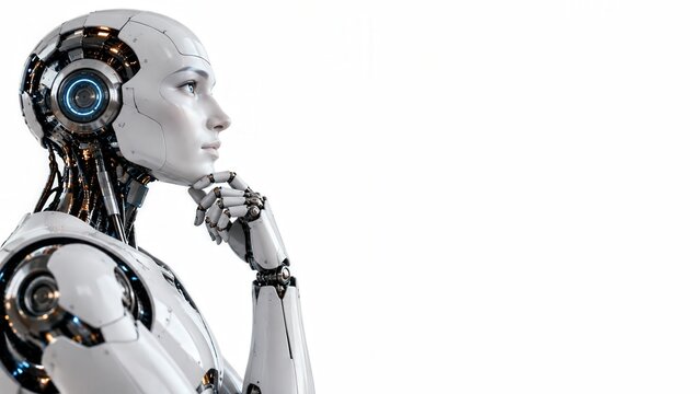 White robot thinking with hand on chin