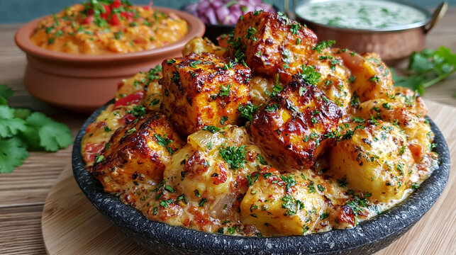 Spicy paneer tikka masala served in a rustic stone bowl with indian side dishes