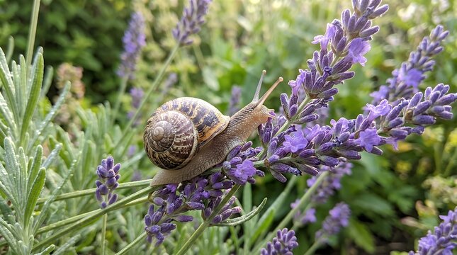 Macro Close UpLand Snail With Spiral Shell Moving Slowly On Fragrant Purple Lavender Flower Stems In Natural Outdoor Garden Under Soft Sunlight Showing Botanical Flora And Gastropod Wildlife
