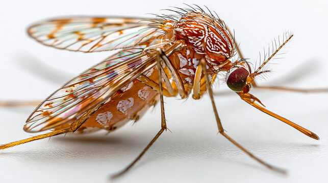Detailed macro side view of a common mosquito standing on a plain surface with photograph