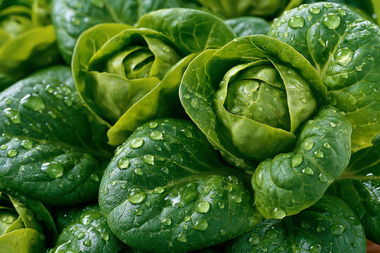 Fresh mache salad leaves with water droplets, a pile of green corn covered