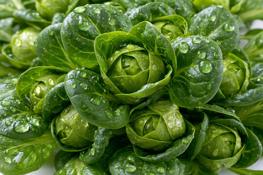 Pile of fresh green lamb lettuce with dew, bunch corn salad greens wet with water