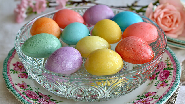 Pastel colored easter eggs arranged in a decorative glass bowl on a floral plate with egg hunt